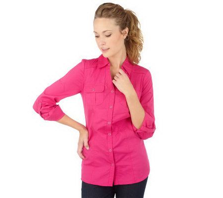 Denim & Co. Roll Sleeve Snap Front Woven Shirt - A216444