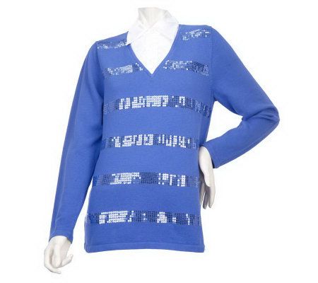 Quacker Factory Sequin Striped Two-Fer Sweater w/ Satin Collar - A217044