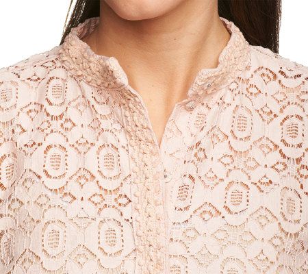 G.I.L.I. Mock Neck Snap Front Allover Lace Top