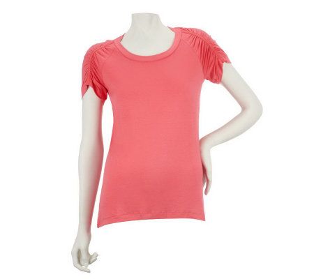 LOGO by Lori Goldstein Knit T-Shirt w/Gathered Sleeves - A224644