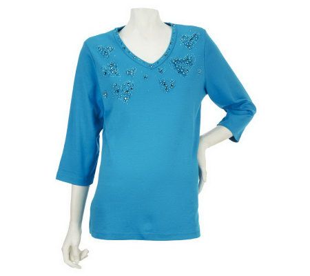 Quacker Factory 3/4 Sleeve T-shirt with SimulatedPearl Heart Design - A225744