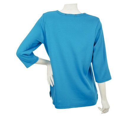 Quacker Factory 3/4 Sleeve T-shirt with SimulatedPearl Heart Design