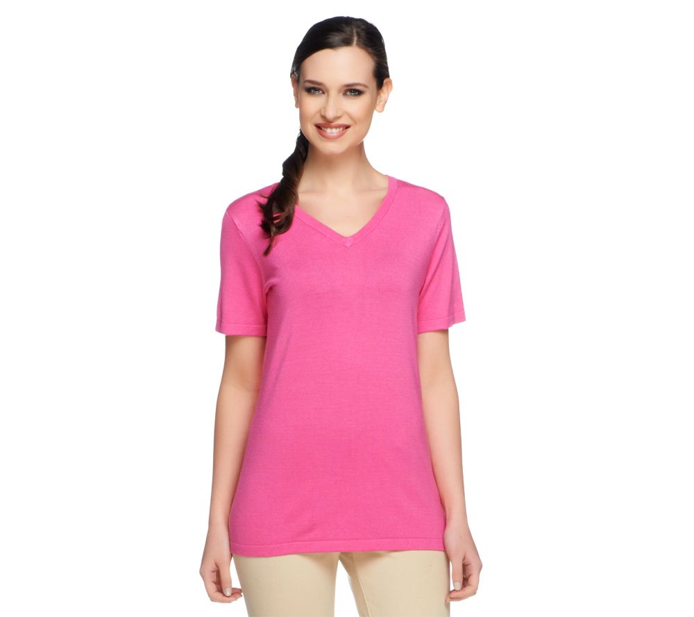 Linea by Louis DellOlio Whisper Knit V-Neck Short Sleeve Top - A233944
