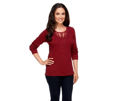 Denim & Co. Long Sleeve Ribbed Henley with Lace Trim - A91144
