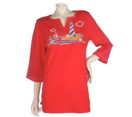 Quacker Factory Pearly Beaded Embroidered Summer Fun 3/4 Sleeve Top - A212745