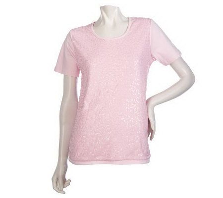 Quacker Factory Sequin Mesh Front Short Sleeve T-shirt - A213345