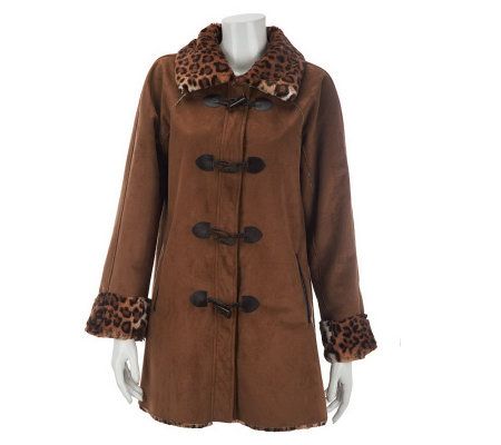 Dennis Basso Faux Suede Toggle Coat with Leopard Faux Fur Trim - A229345