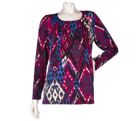 Susan Graver Liquid Knit Aztec Print Top w/Round Neck & Stitched Pleats - A91745