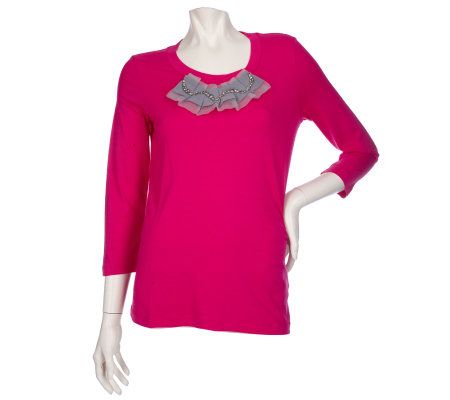 LOGO by Lori Goldstein Scoop Neck Tee with Chiffon Ribbon - A97745