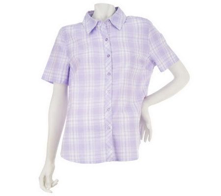 Denim & Co. Short Sleeve Button Front Woven Plaid Shirt - A215746