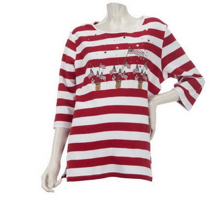 Quacker Factory Whats Old is New Embroidered Flag Striped T-shirt - A222146
