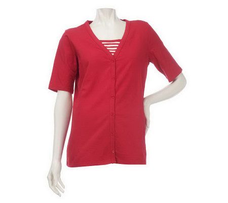 As Is Denim & Co. Elbow Sleeve Knit Cardigan with Striped Duet - A236846