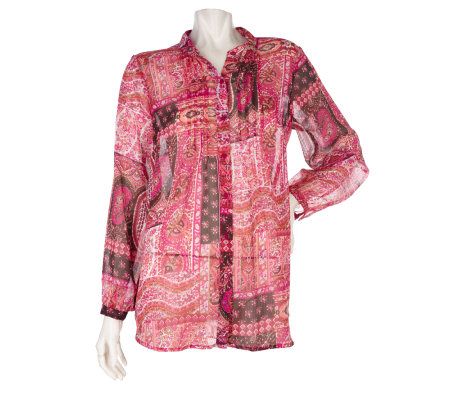 Susan Graver Chiffon Paisley Patchwork Blouse with Pintuck Detail - A91746