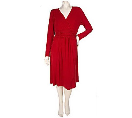 Susan Graver Liquid Knit Cross Over Neck Ruched Waist Dr - A93446