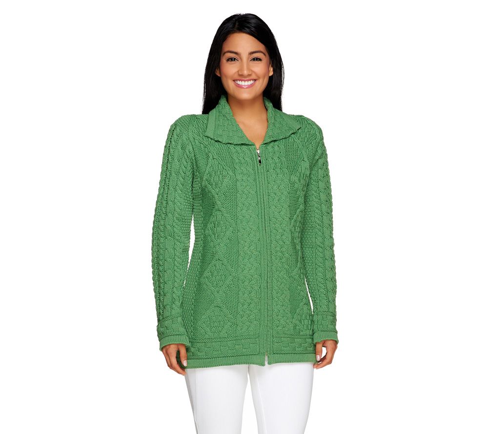 Aran Craft Merino Wool Zip Front Cardigan with Ribbed Collar - A214747