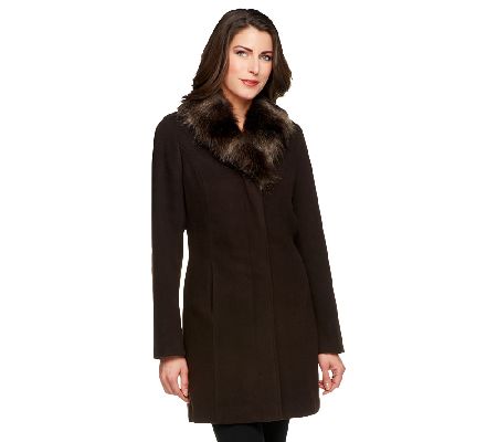 Dennis Basso Faux Wool Coat with Removable Faux Fox Fur Collar - A229347