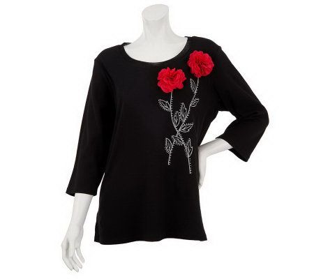 Quacker Factory Organza Rosebud 3/4 Sleeve T-shirt - A230547