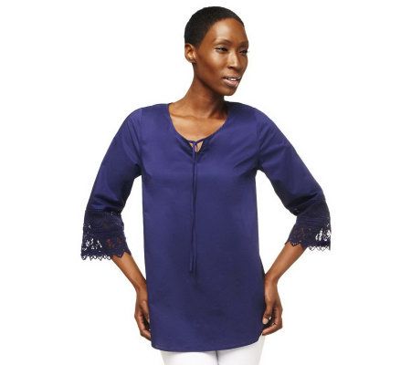 Isaac Mizrahi Live! Lace Cuff 3/4 Sleeve Peasant Blouse - A231747