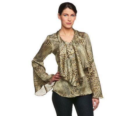 Mark of Style by Mark Zunino Printed Cascade Front Top with Bell Sleeves - A232247