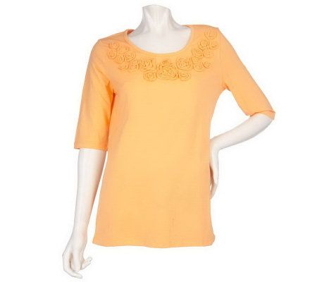 As Is Motto Elbow Sleeve Scoopneck Floral Detail Knit Top - A237147