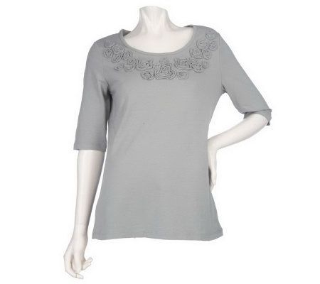 As Is Motto Elbow Sleeve Scoopneck Floral Detail Knit Top - A237147