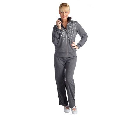 Susan Graver Ponte Knit Embellished Jacket & Pants Set - Regular