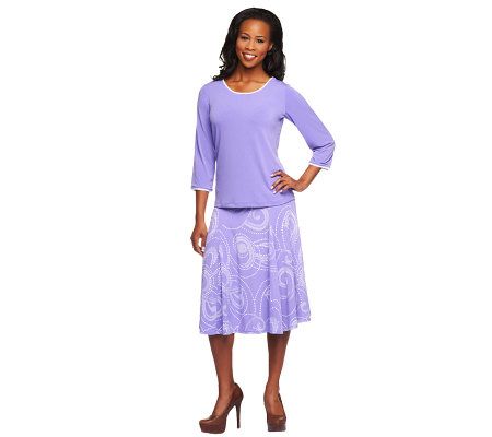 Susan Graver Liquid Knit Piped Solid Top w/Swirl Print Skirt - A9647