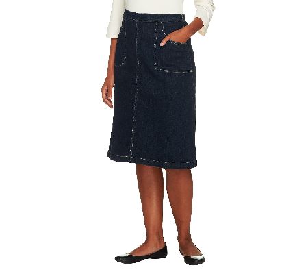 Denim & Co. Classic Waist Colored Denim A-line Skirt w/ Back Elastic - A97747