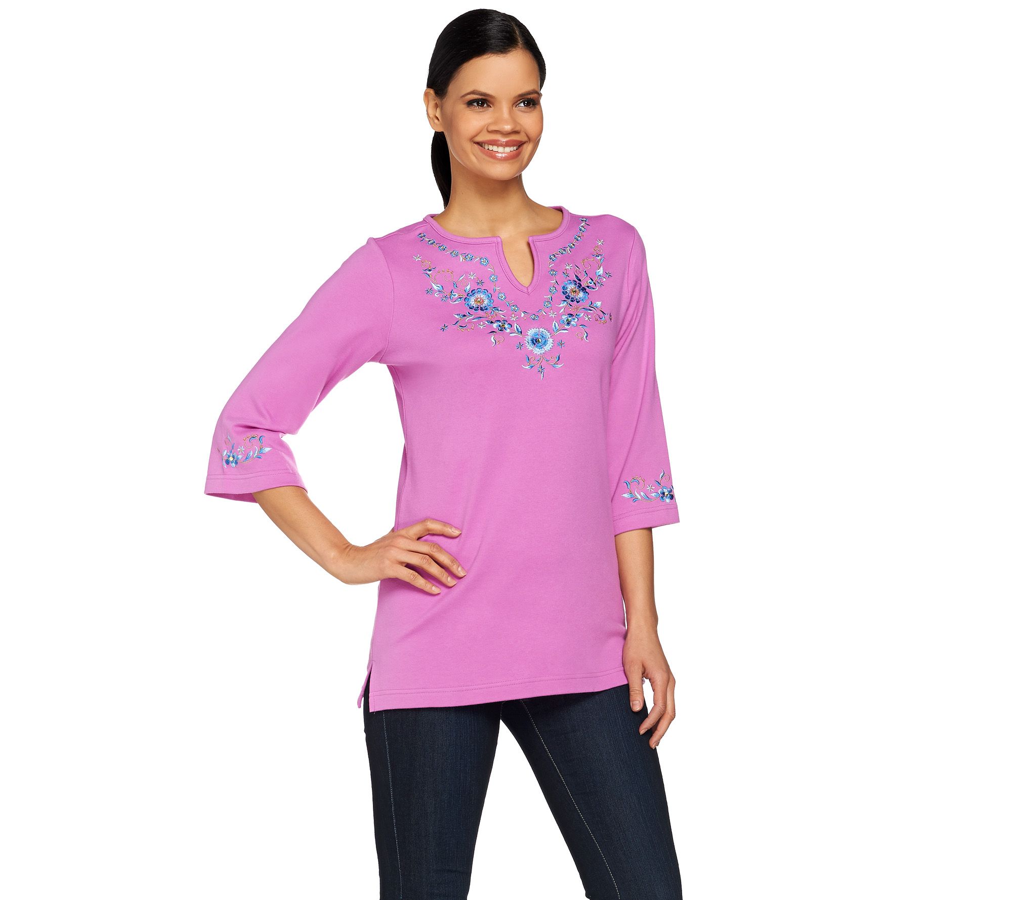 Quacker Factory Split Neck Denim Floral Knit Tunic - A212748