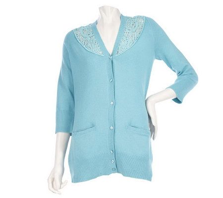 Motto 3/4 Sleeve Boyfriend Cardigan with Lace Insets - A214348