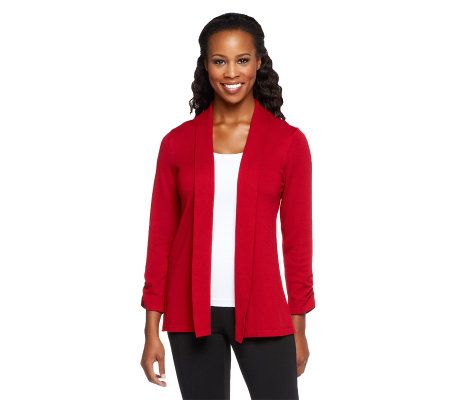 Susan Graver Open Front Cardigan Sweater with Ruched Sleeves - A216948