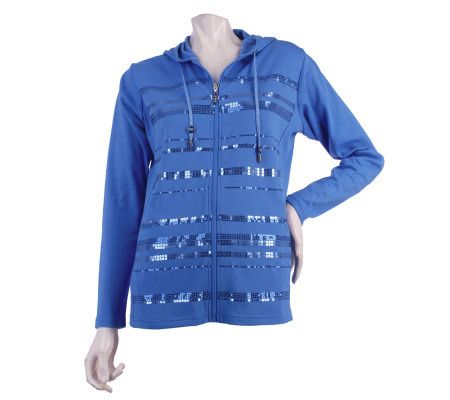 Quacker Factory Long Sleeve Sequin Striped Knit Jacket with Hood - A217048