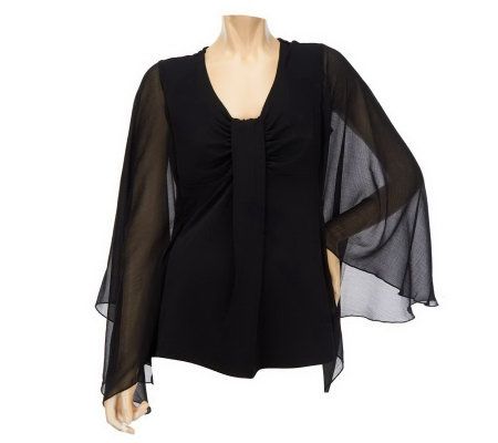 Dennis Basso V-Neck Butterfly Sleeve Top w/Drape Detail - A223748