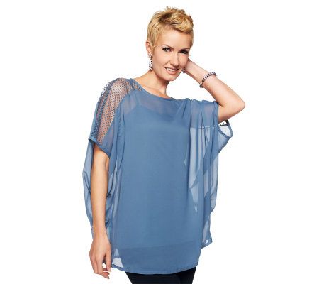 Jennifer Hudson Collection Batwing Top w/ Dot Lace Detail and Knit Cami - A227348