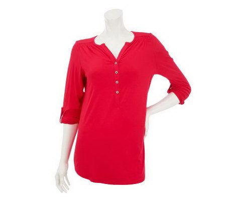 Susan Graver Solid Rayon Spandex Henley Top w/ Shoulder Detail - A231248