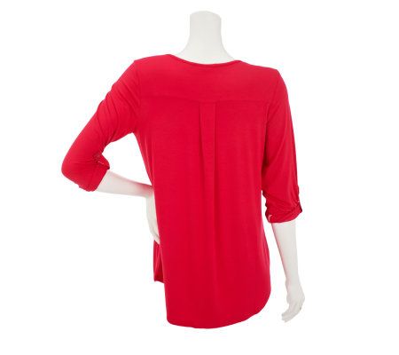 Susan Graver Solid Rayon Spandex Henley Top w/ Shoulder Detail