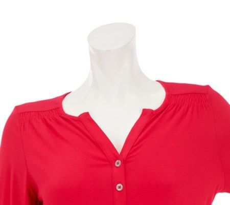 Susan Graver Solid Rayon Spandex Henley Top w/ Shoulder Detail
