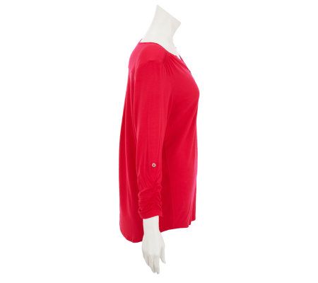 Susan Graver Solid Rayon Spandex Henley Top w/ Shoulder Detail