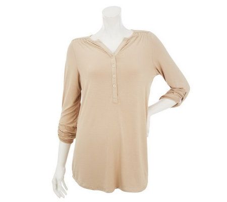 Susan Graver Solid Rayon Spandex Henley Top w/ Shoulder Detail - A231248
