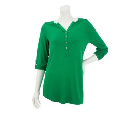 Susan Graver Solid Rayon Spandex Henley Top w/ Shoulder Detail - A231248