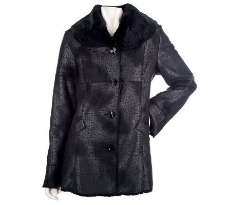 Dennis Basso Croc Embossed Faux Shearling Button Front Coat - A85148