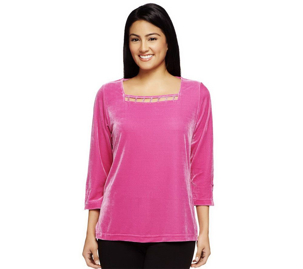 Quacker Factory Rhinestone Embellished Stretch Velvet Top - A93848