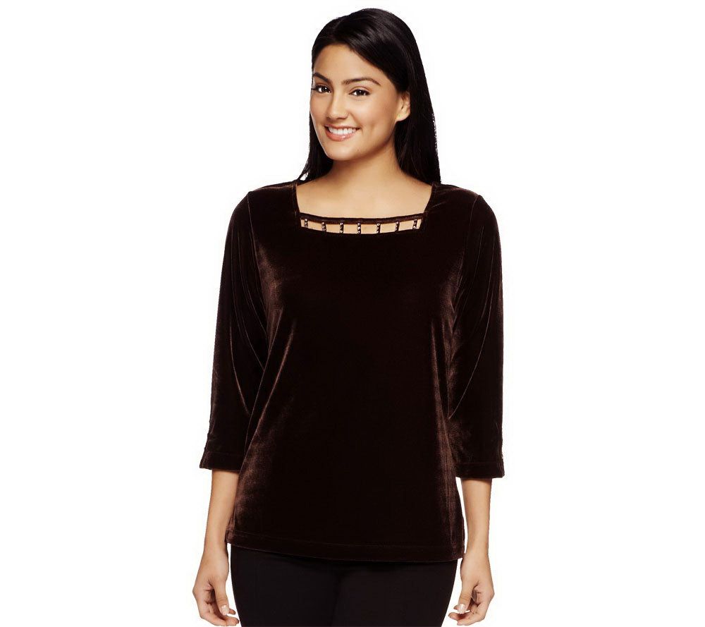 Quacker Factory Rhinestone Embellished Stretch Velvet Top - A93848