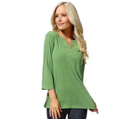 Susan Graver Liquid Knit Split Neck Top with 3/4 Sleeves - A209549