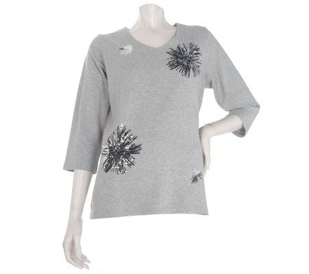 Quacker Factory Star Burst 3/4 Sleeve V-Neck Top - A217049