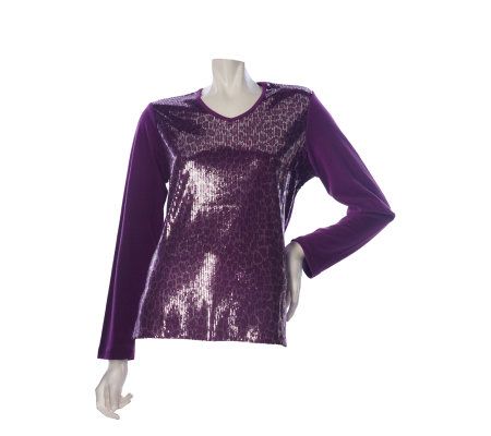 Quacker Factory Long Sleeve Knit T-shirt w/ Animal Printed Sequins - A217249