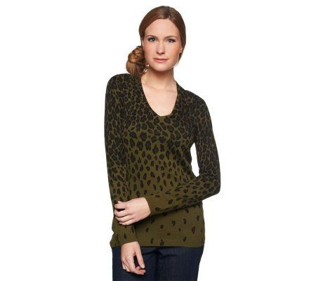 Isaac Mizrahi Live! Animal Print Long Sleeve V-Neck Sweater - A217649