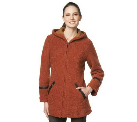 Susan Graver Boucle Fleece Zip Front Coat w/ Faux Leather Trim - A225849