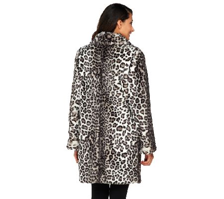 Dennis Basso Leopard Print Faux Fox Fur Fully Lined Coat
