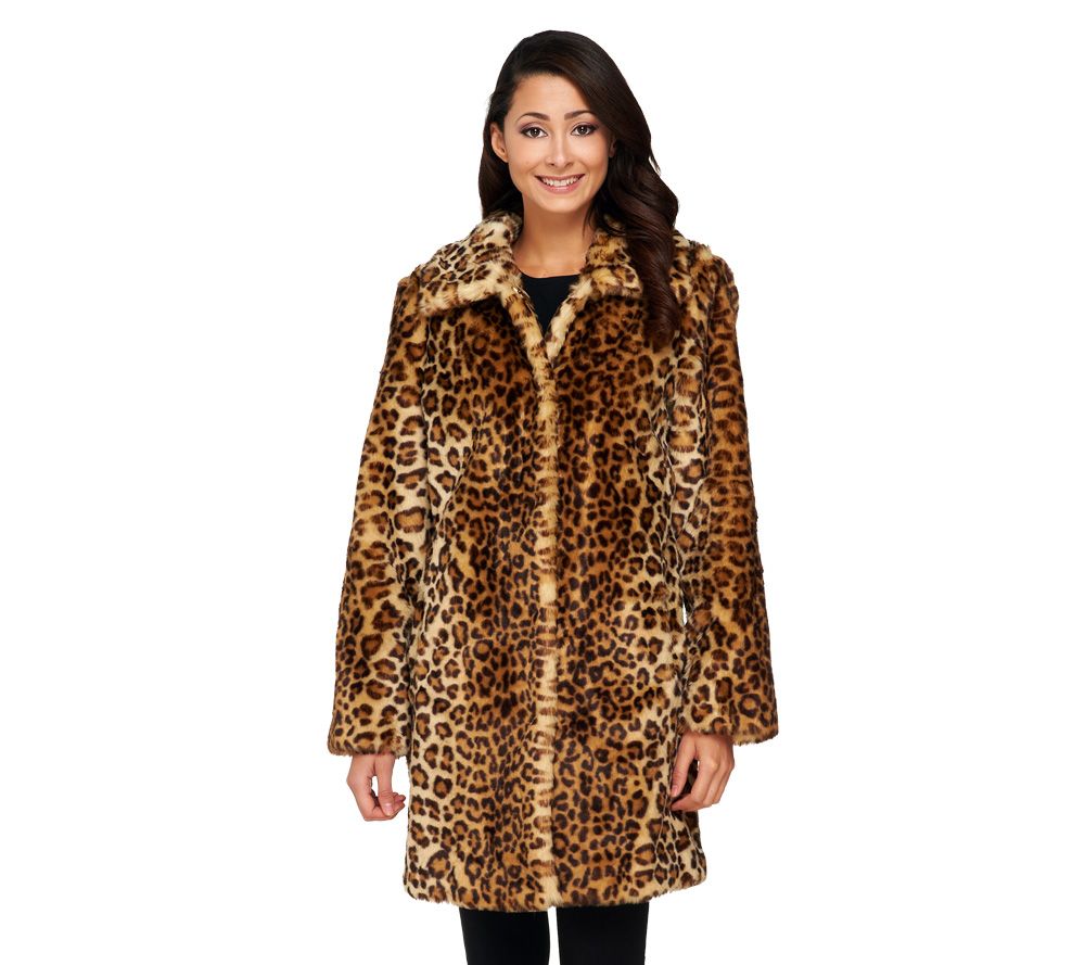 Dennis Basso Leopard Print Faux Fox Fur Fully Lined Coat - A229349